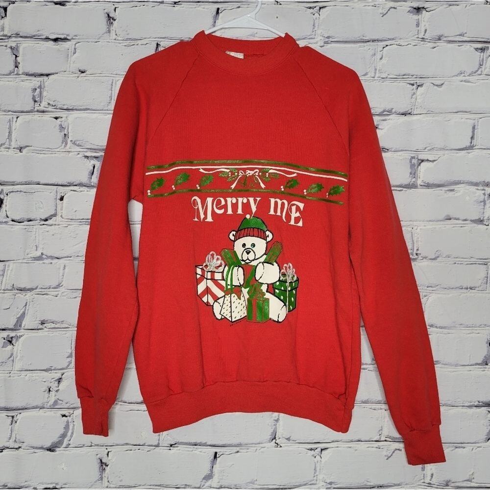 Vintage 80s Christmas Teddy Bear “Merry Me” Sweatshirt USA Made, sz Large